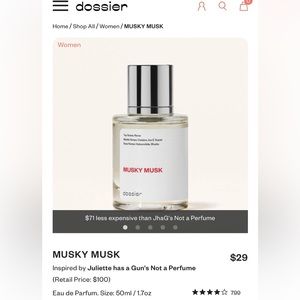 Dossier Musky Musk dupe for Juliette has a Gun Not a Perfume. Full bottle
